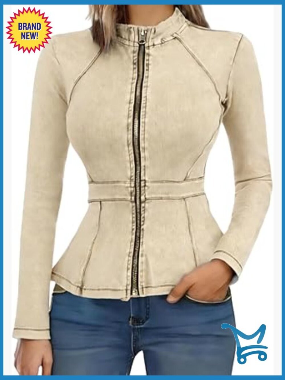 Denim Peplum Jacket Long Sleeve Zip Front Ruffle Blazer Coat